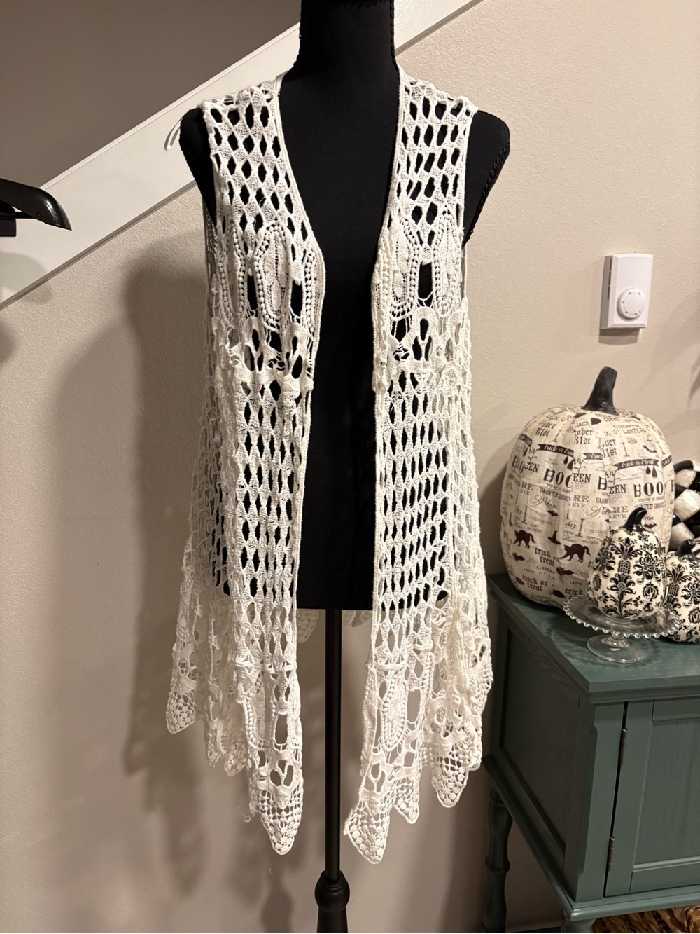 Crochet Openwork Long Vest Cardigan - White